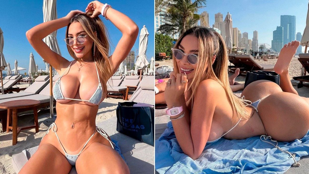 Ester Ana posa de biquíni claro e óculos escuros na praia em montagem com duas poses diante de espreguiçadeiras e prédios ao fundo