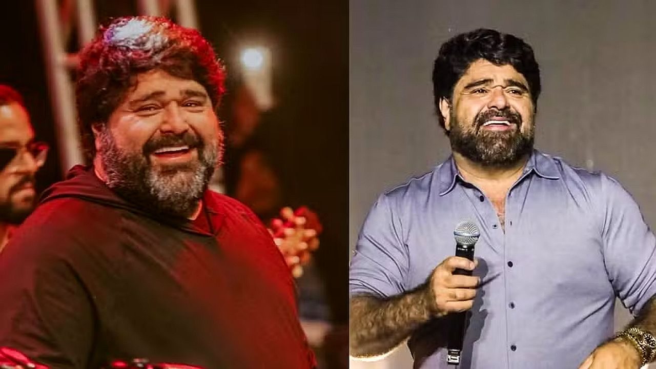 Homem barbudo aparece em montagem com duas fotos, uma cantando no palco e outra falando ao microfone em evento