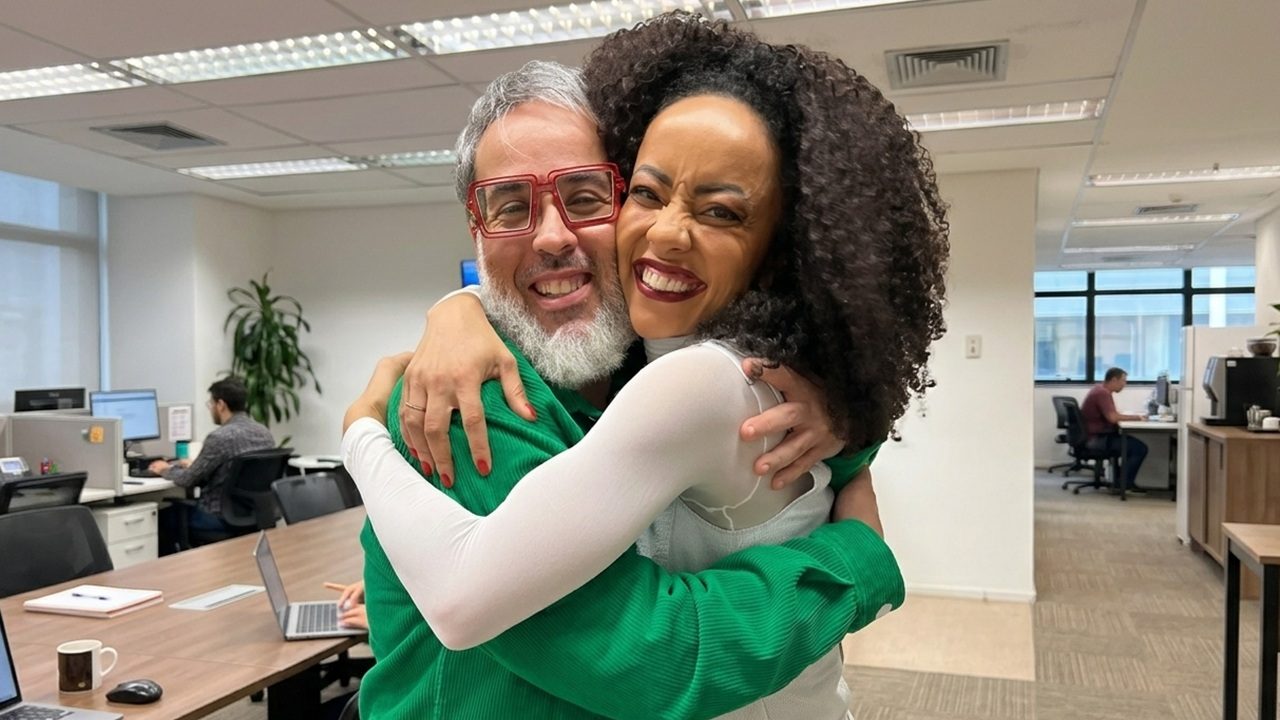 Fabrício Marta, um homem de óculos, e Valéria Almeida, mulher de cabelo cacheado, se abraçam sorrindo em escritório da Globo, com mesas e computadores ao fundo.