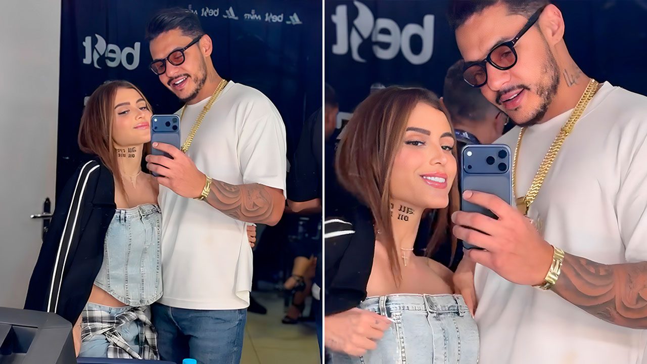 Montagem de Fernanda Campos e o rapper Hungria em selfie com celular, ele de camiseta branca, ela de top jeans