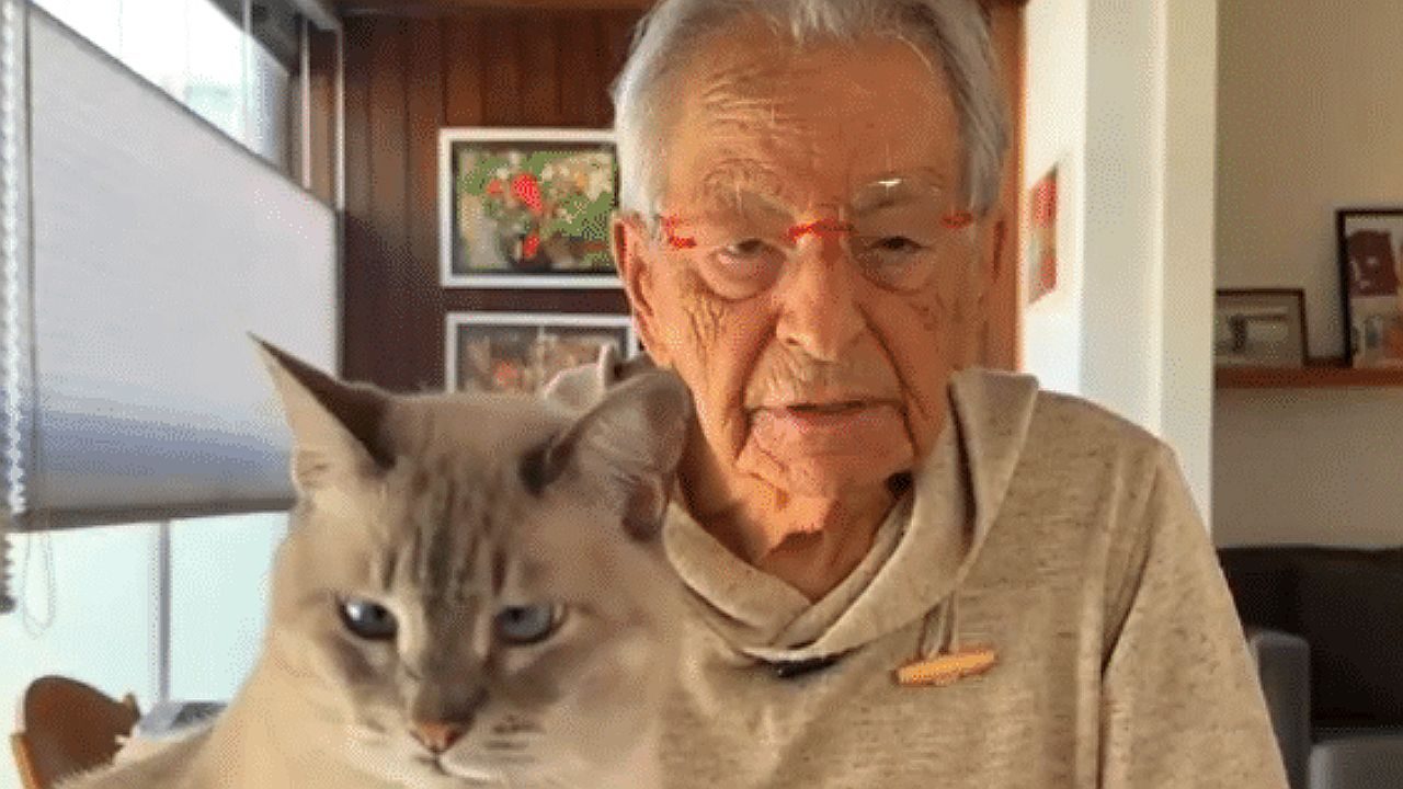 Idoso de óculos vermelhos aparece ao lado de gato branco dentro de casa durante videochamada