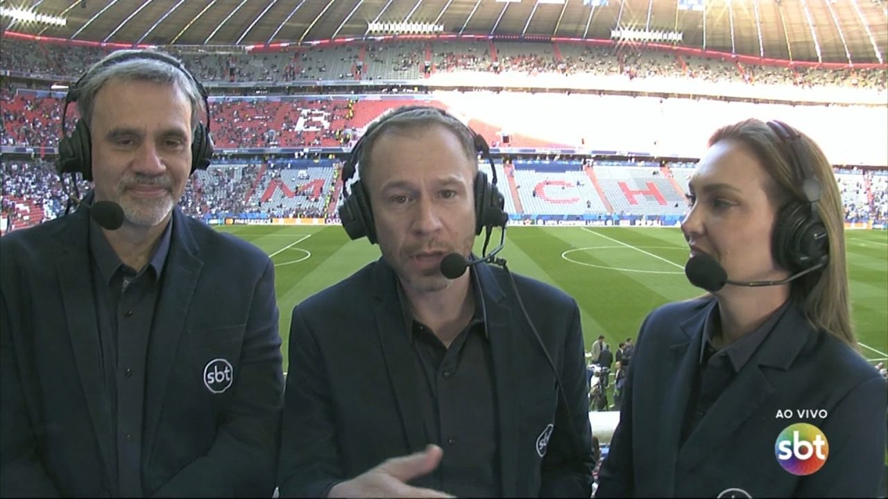 Mauro Beting, Tiago Leifert e Nadine Basttos na final da Champions League no SBT
