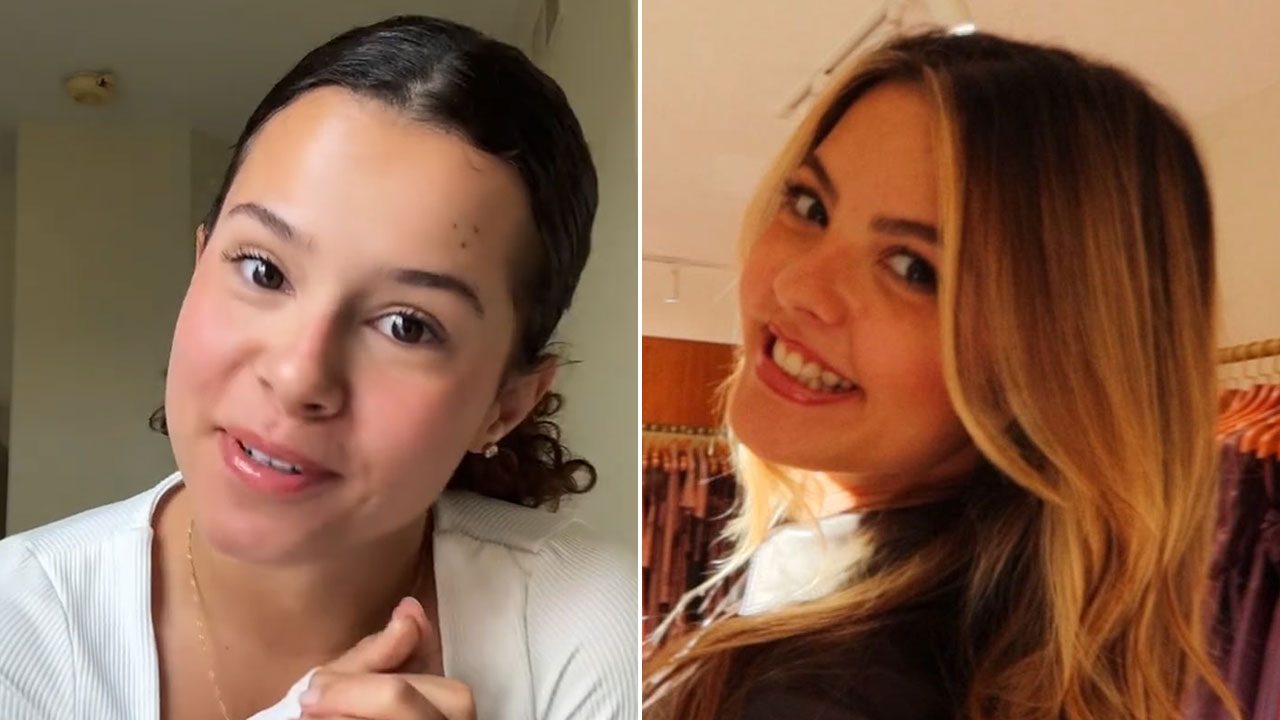 Gabriella Saraivah sorrindo em ambiente interno com blusa clara e Júlia Gomes posando sorridente em loja de roupas