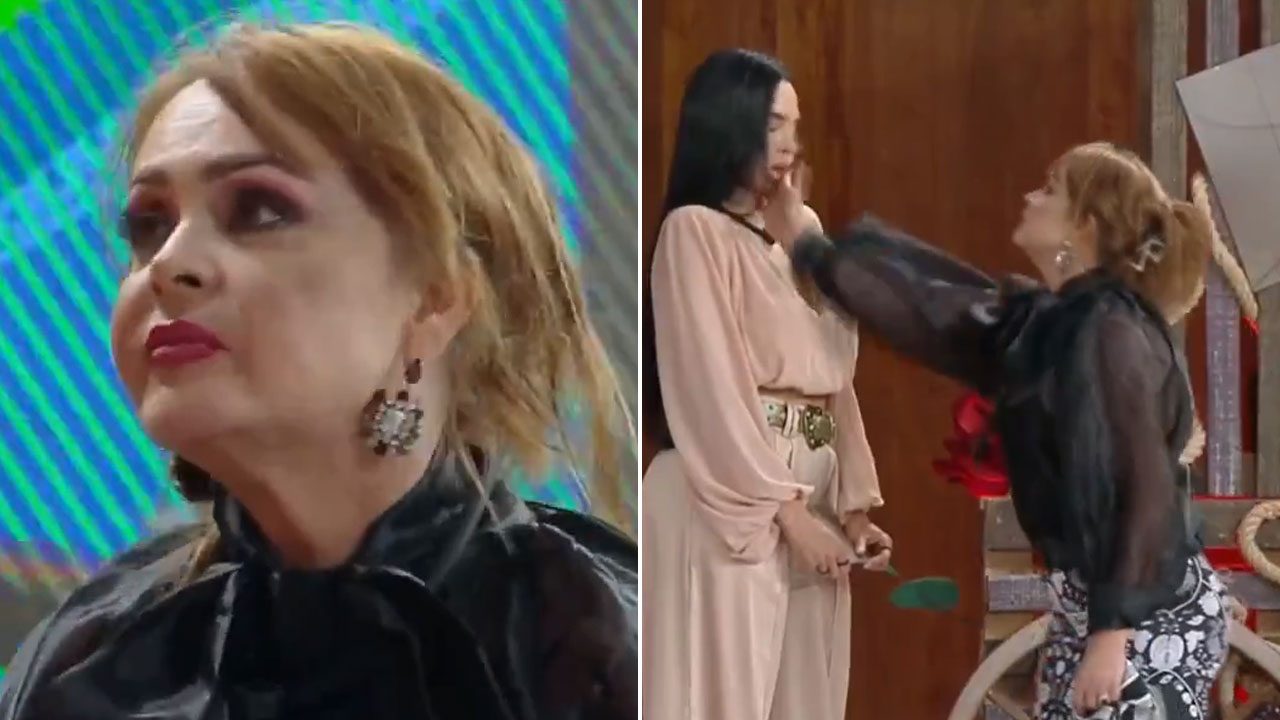 Montagem de fotos mostra o momento da agressão em A Fazenda 17, com Gaby Spanic dando um tapa no rosto de Tamires Assis no set