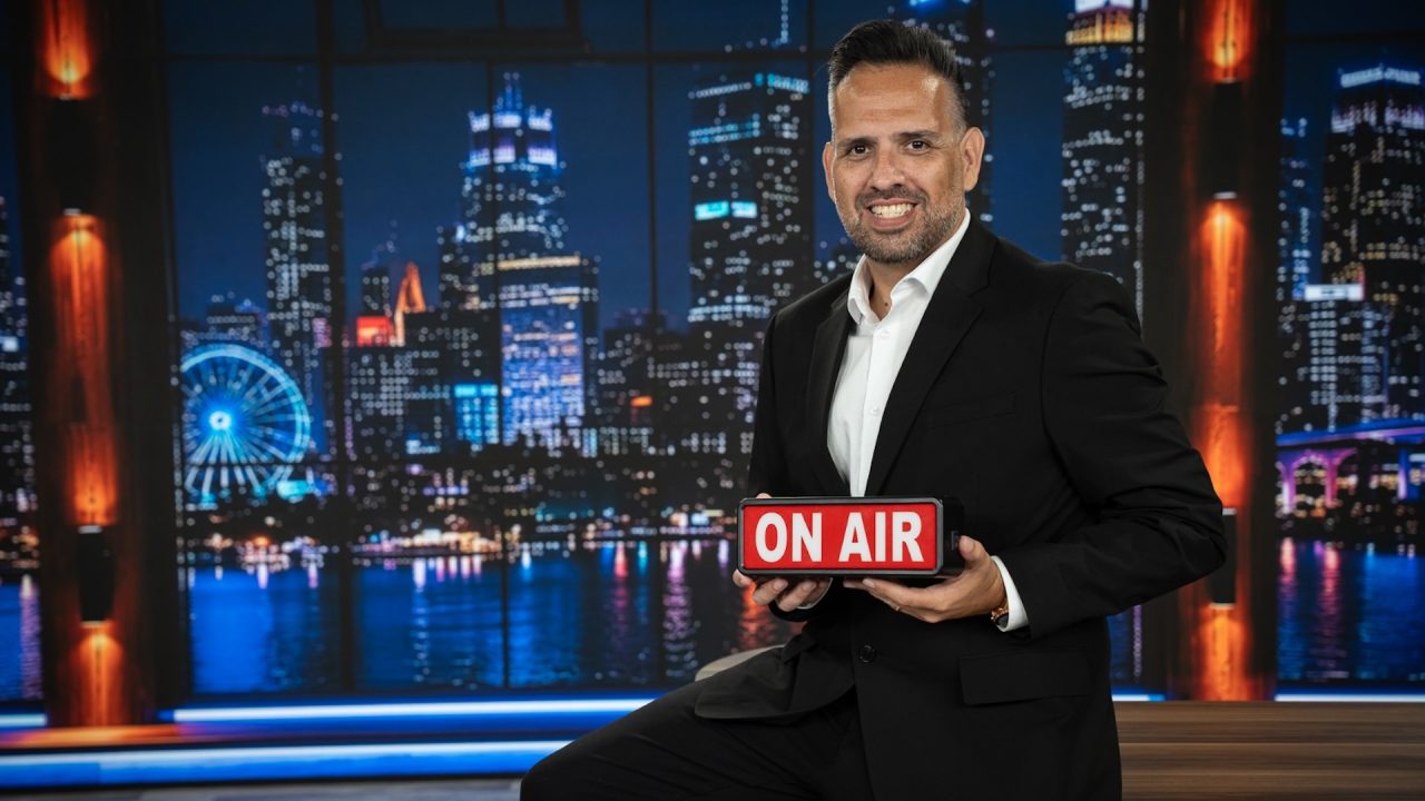 Géro Bonini, de terno preto, sorri segurando placa On Air em estúdio da TV Connect USA com skyline ao fundo
