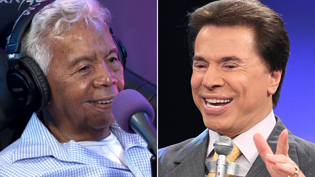 Montagem com Gonçalo Roque em podcast com fone e microfone ao lado de Silvio Santos sorrindo no palco do Show do Milhão