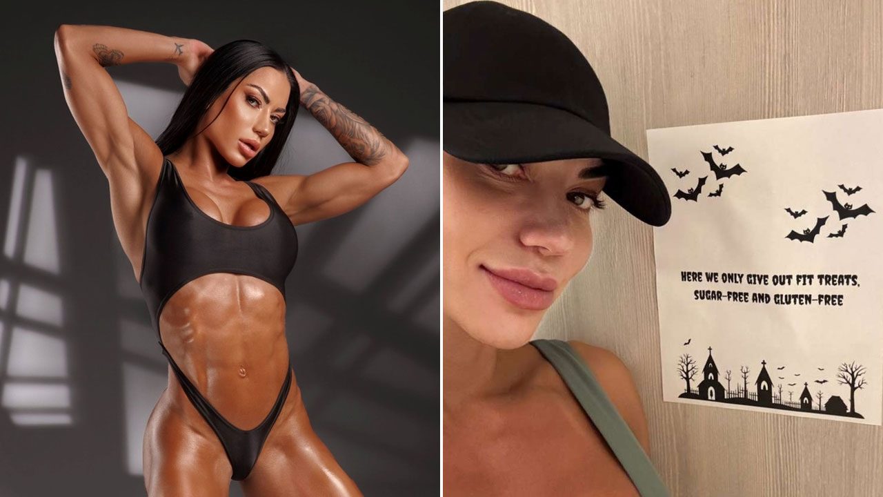 Montagem de fotos de Graciella Carvalho; à esquerda, ela posa de maiô preto, e à direita, com boné, exibe um aviso de Halloween fit