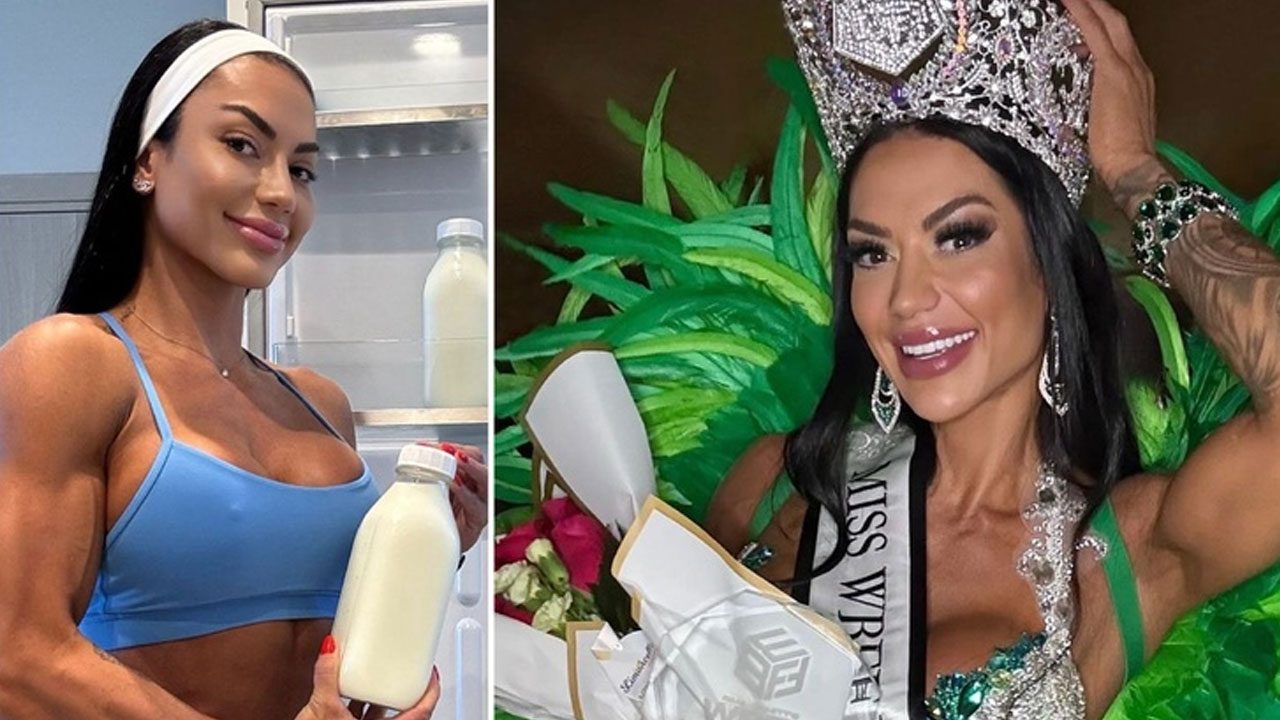 Graciella Carvalho segurando garrafa de leite em cozinha e coroada em concurso de fisiculturismo