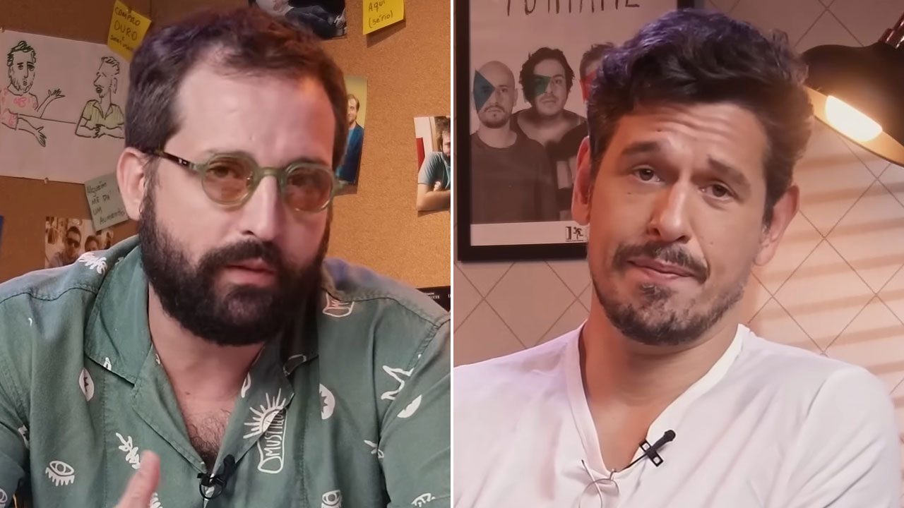 Montagem com Gregório Duvivier e João Vicente de Castro durante gravação de vídeo do Porta dos Fundos