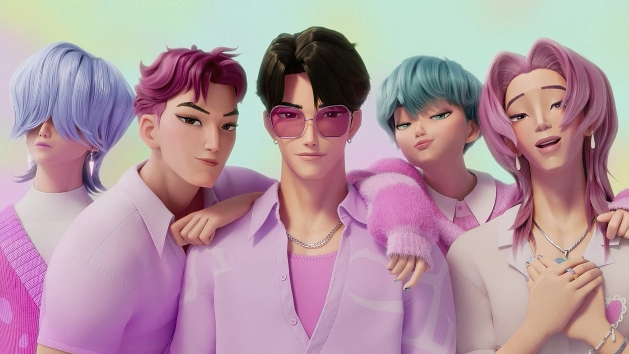Personagens animados do filme Guerreiras do K-Pop posando juntos com roupas em tons de rosa