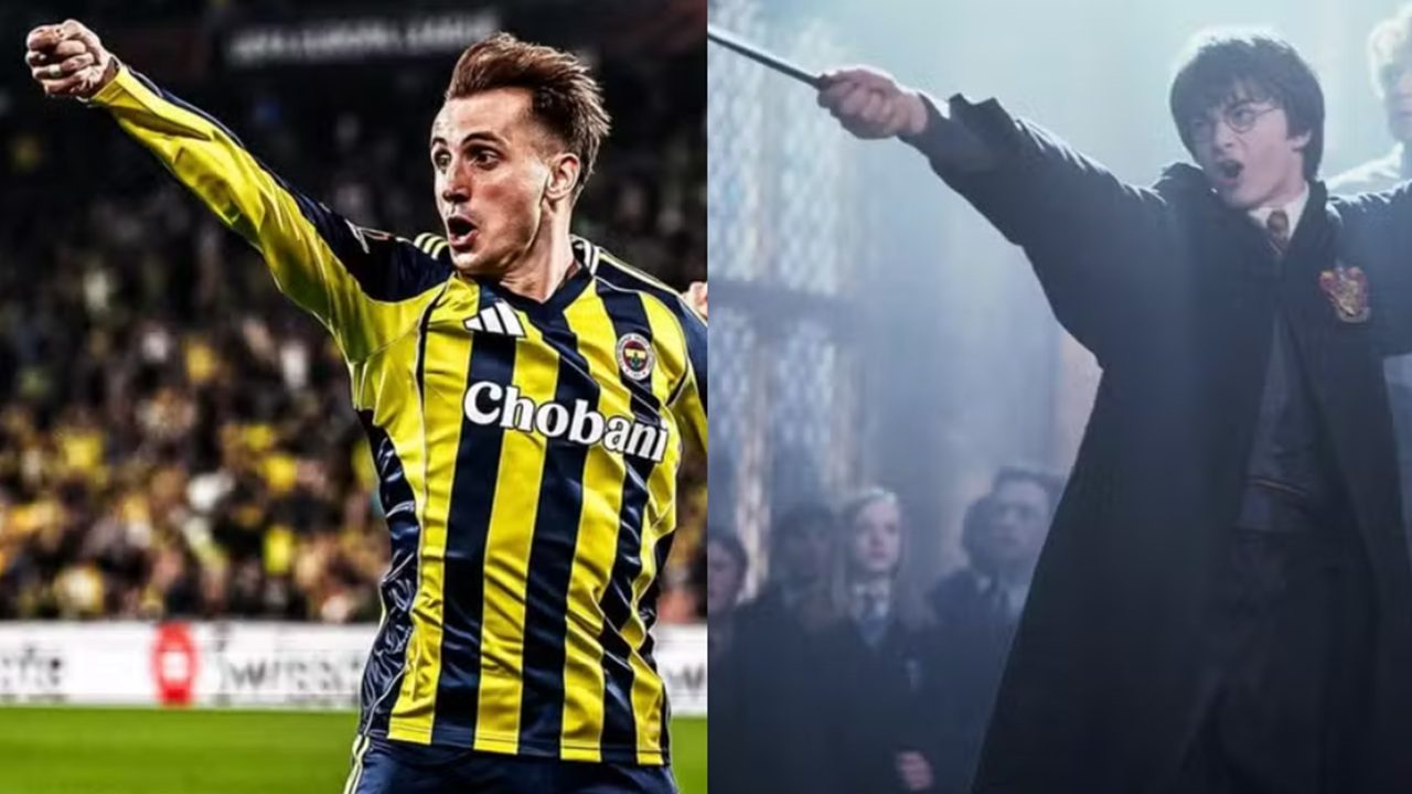 A imagem está dividida em duas partes. À esquerda, há um jogador de futebol vestindo o uniforme listrado em amarelo e azul de um time, comemorando com o braço estendido em um campo iluminado por refletores e torcida ao fundo. À direita, há uma cena de um filme mostrando um jovem de óculos, vestindo um manto preto e segurando uma varinha mágica também com o braço estendido, em um ambiente fechado e iluminado por luz azulada