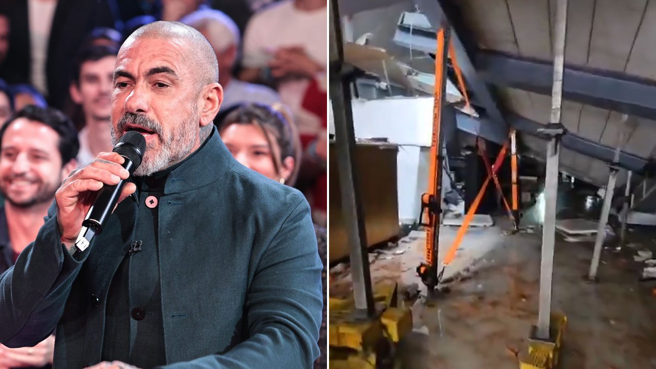Montagem com Henrique Fogaça de casaco escuro e microfone e, à direita, o teto desabado de seu restaurante com escoras de metal