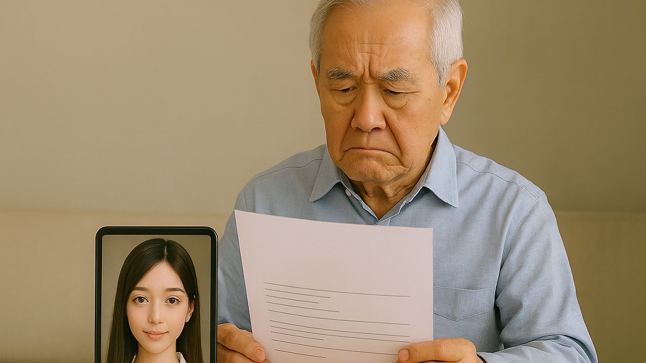 Idoso de camisa azul olha preocupado para documento enquanto faz videochamada exibida em tablet sobre a mesa