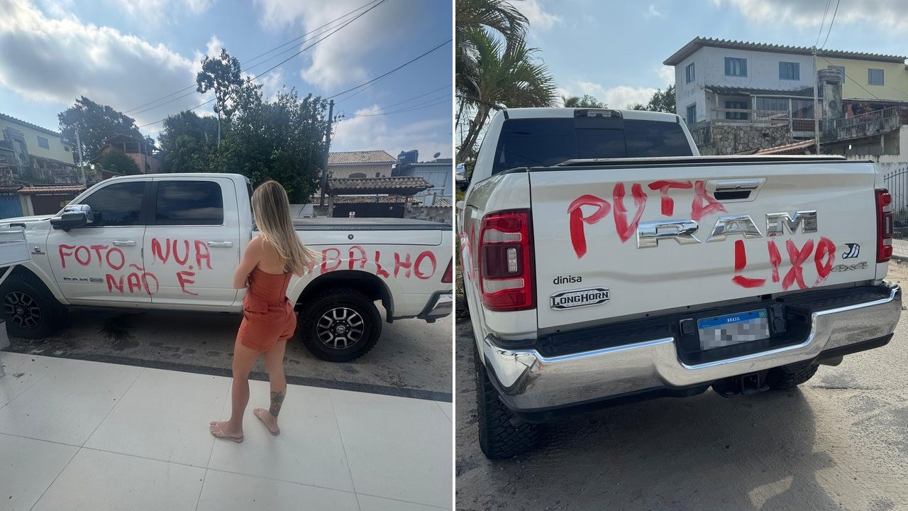Débora Peixoto observa sua caminhonete branca vandalizada com frases ofensivas escritas em tinta vermelha