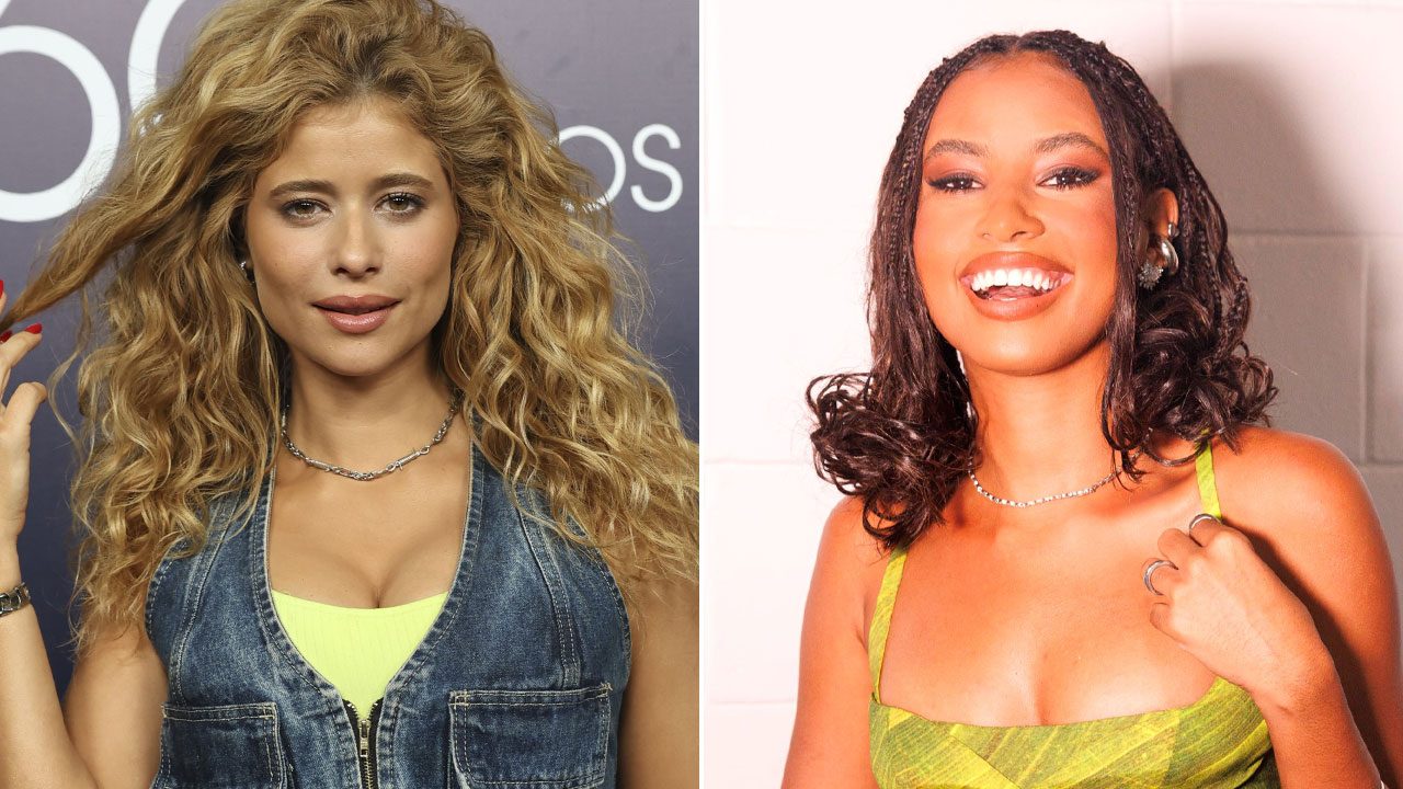 Montagem com Isadora Cruz com cabelo cacheado loiro e blusa jeans ao lado de Gabz sorrindo com vestido verde e cabelo trançado