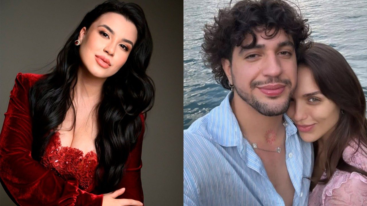 Montagem mostra Izadora Morais em retrato com vestido vermelho e Nattan ao lado de Rafa Kalimann em selfie diante do mar