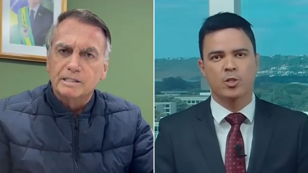 Jair Bolsonaro em vídeo com foto oficial ao fundo e Bruno Pinheiro em estúdio da Jovem Pan com vista de Brasília