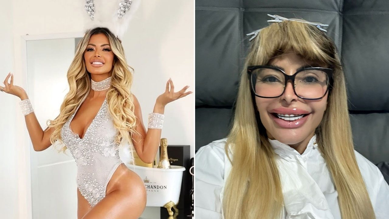 Montagem com Janaína Prazeres em duas caracterizações, à esquerda vestida de coelhinha da Playboy com body prateado e orelhas de coelho, e à direita caracterizada como Betty, a Feia, com óculos grandes, franja reta e roupa branca