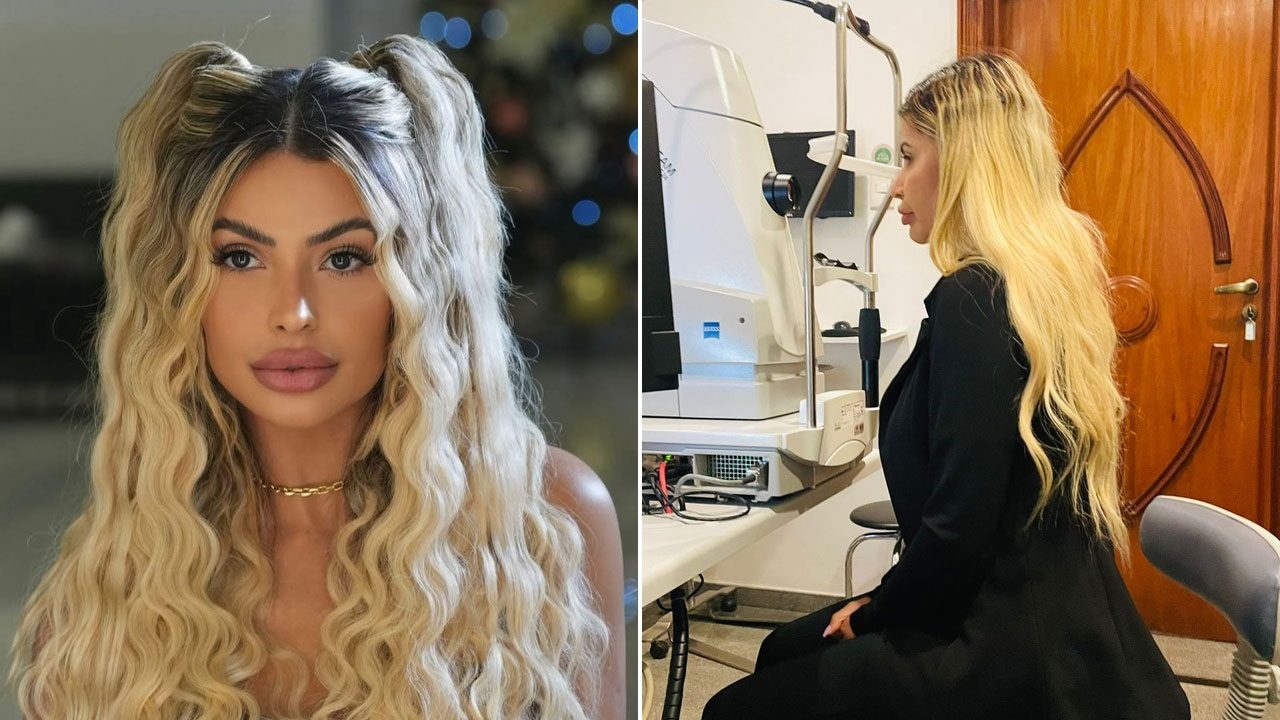 Montagem de fotos de Janaína Prazeres; à esquerda, ela posa para a câmera, e à direita, realiza um exame oftalmológico