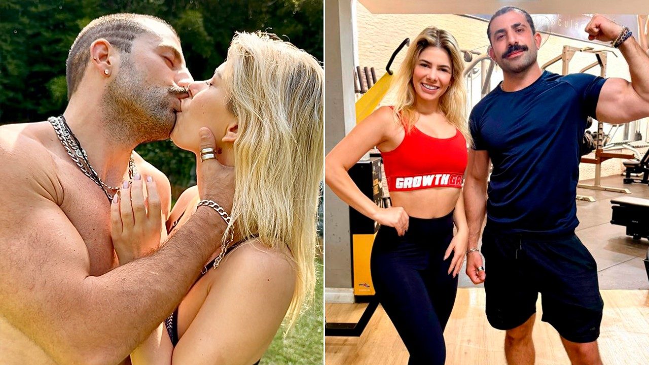 Jaqueline Santos beija Kaysar Dadour em foto ao ar livre e posa com ele em academia durante treino fitness