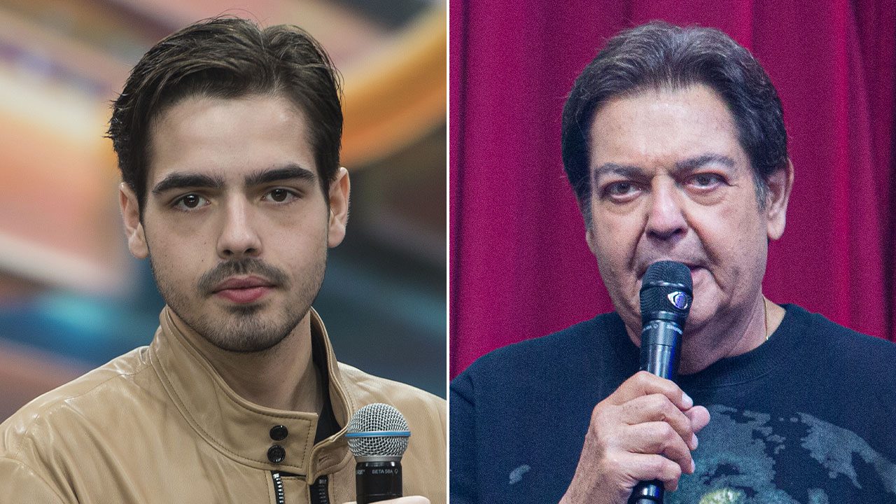 João Silva e Faustão segurando microfones em eventos diferentes com expressões sérias