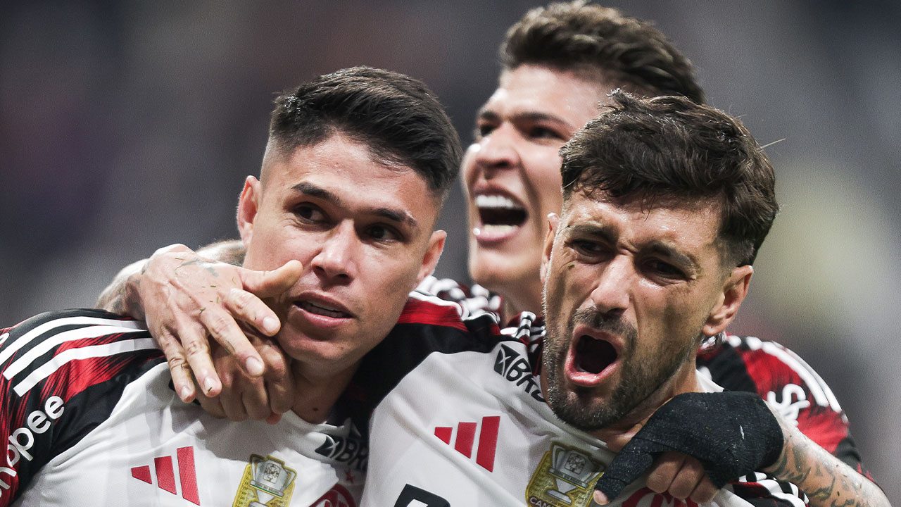 Jogadores do Flamengo em intensa celebração no gramado gritando após gol em partida válida pelo Campeonato Brasileiro