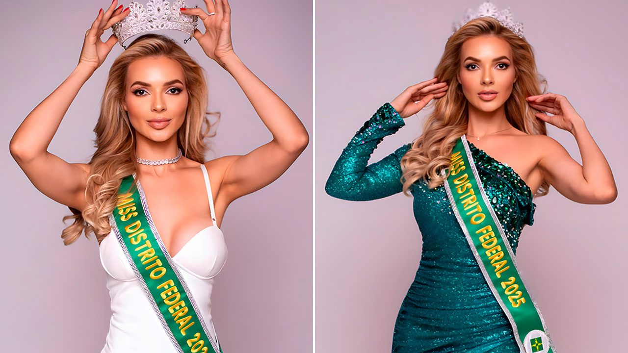 Josi Oliveira usando a faixa Miss Distrito Federal e coroa, em duas fotos com vestido branco e verde