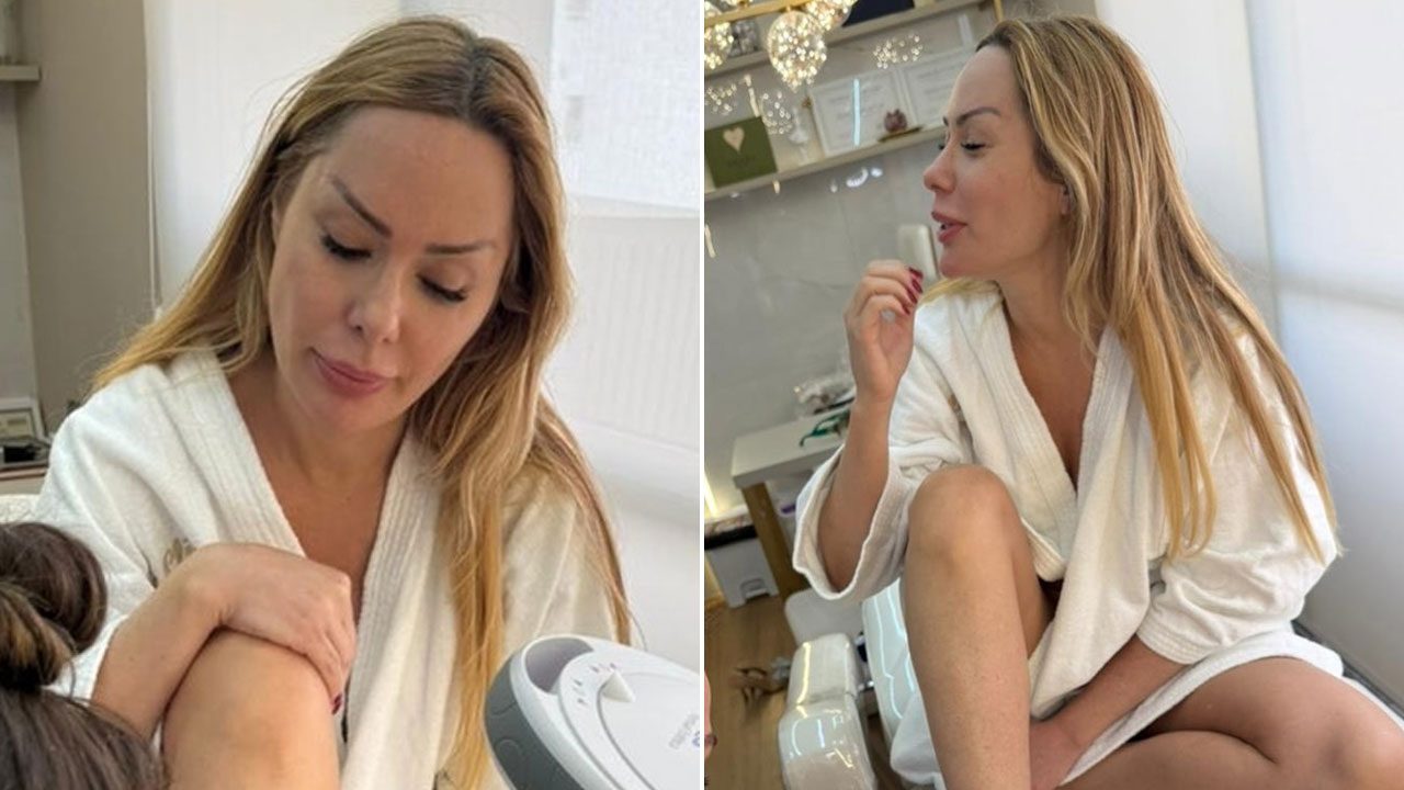 Montagem de fotos de Ju Isen com roupão branco, à esquerda em tratamento estético e à direita em sala de clínica de beleza