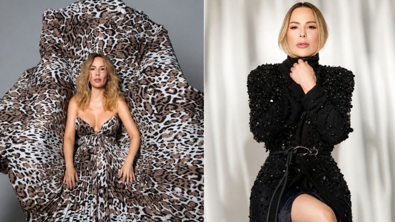 Ju Isen posa com vestido animal print e look preto brilhante em ensaio fotográfico de moda