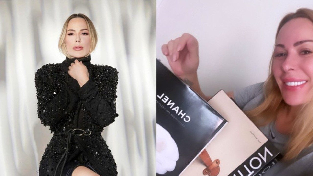 Ju Isen em montagem com duas imagens posando de vestido preto elegante e sorrindo enquanto segura caixas da marca Chanel em ambiente interno