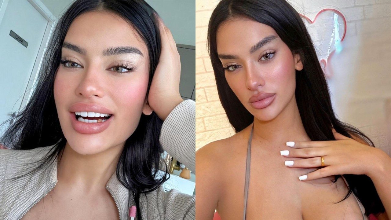 Júlia Medeiros aparece em montagem com duas selfies de cabelo preto liso e maquiagem leve em ambientes internos