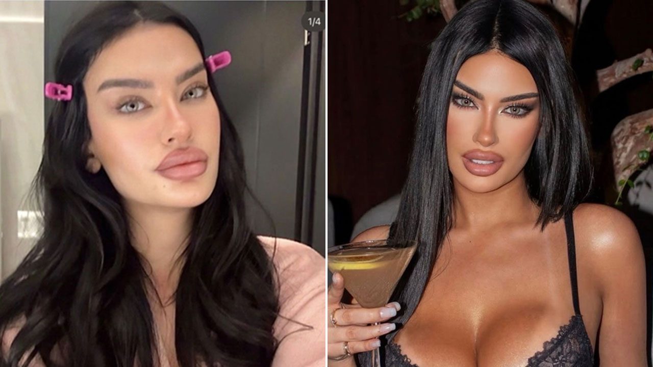 Júlia Medeiros em montagem com duas fotos, de cabelo escuro, posa para selfie e segura taça em evento noturno