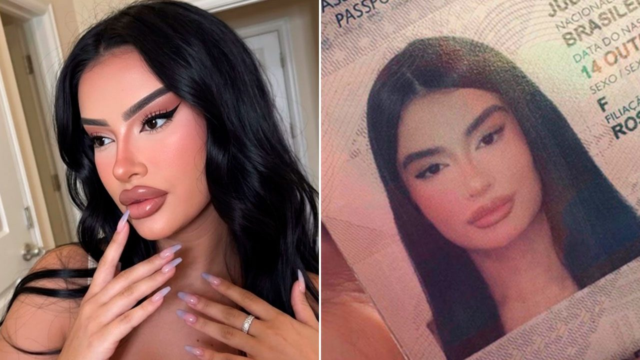 Montagem da influenciadora Júlia Medeiros à esquerda com maquiagem marcante e unhas longas, e à direita a foto de seu passaporte brasileiro aberto