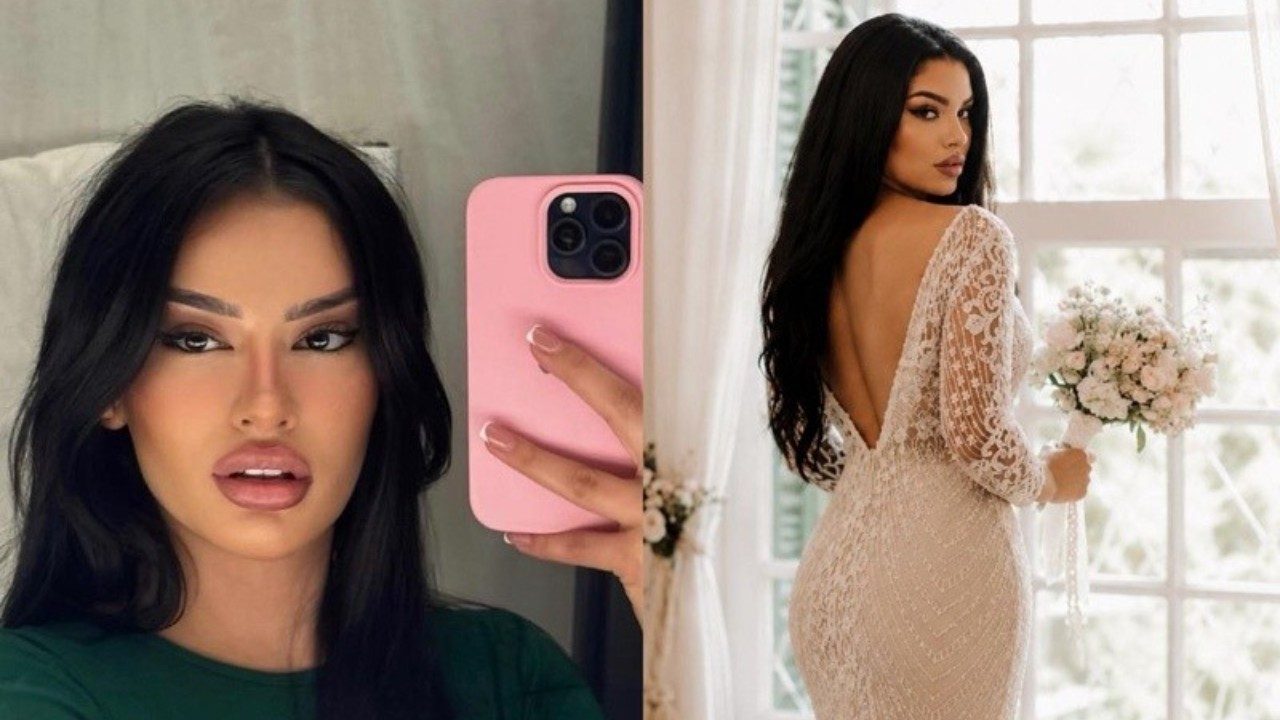 Montagem com Júlia Medeiros em selfie no espelho e usando vestido branco rendado segurando buquê de flores