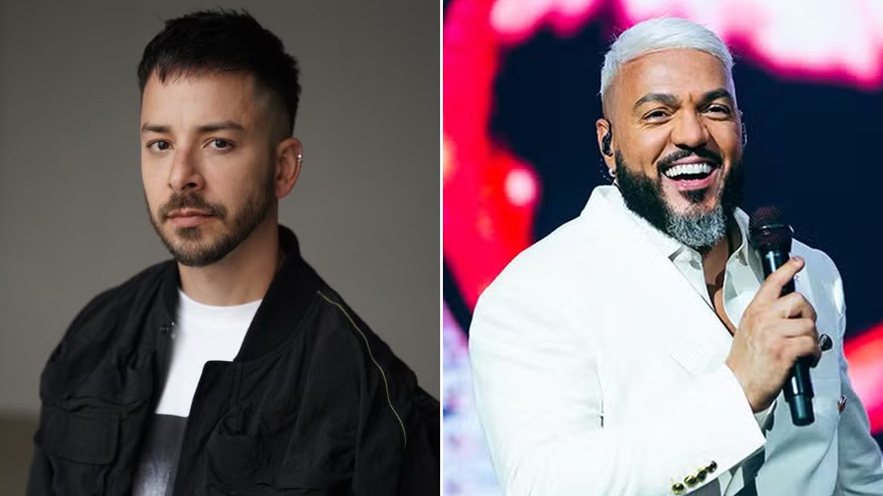 Montagem com Junior Lima em retrato de jaqueta preta e Belo sorrindo com microfone e terno branco no palco de show