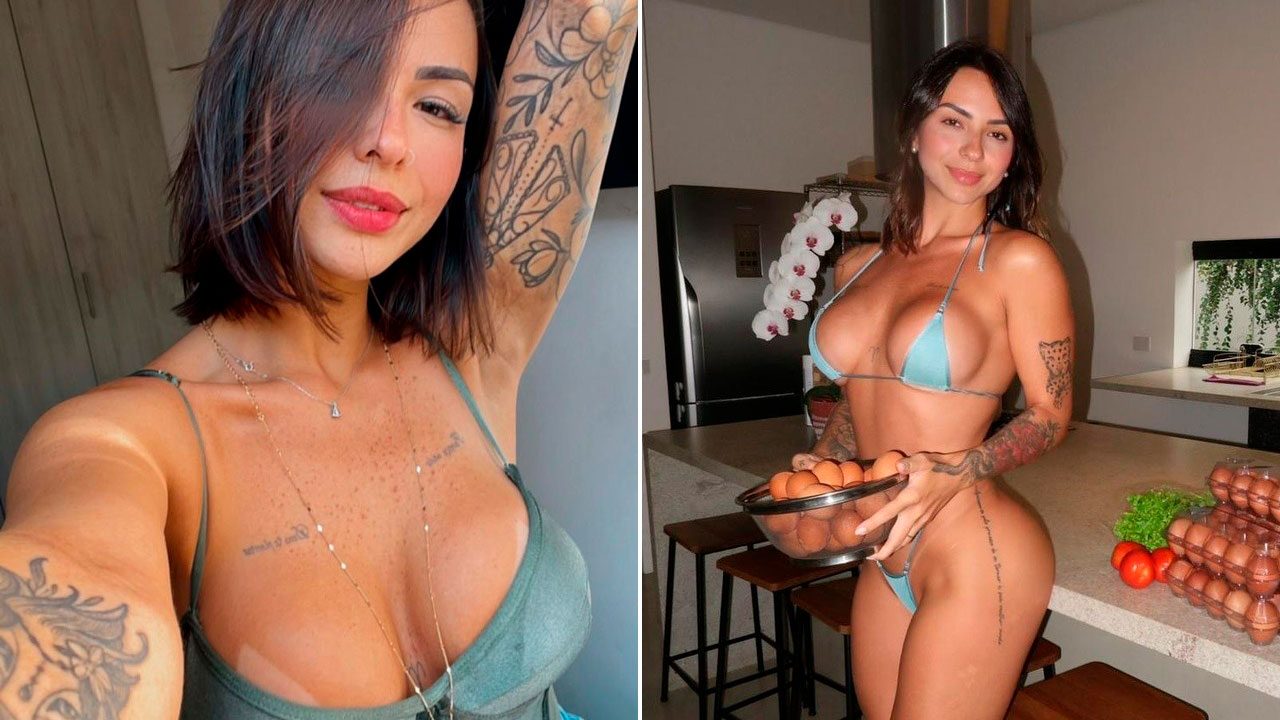 Karol Rosalin em selfie e em cozinha segurando tigela com ovos usando biquíni azul em montagem com duas imagens em ambiente interno