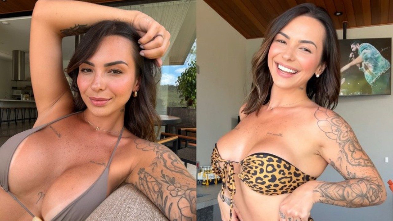 Karol Rosalin posa de biquíni e exibe tatuagens nos braços em fotos tiradas em casa e na varanda com sorriso para câmera