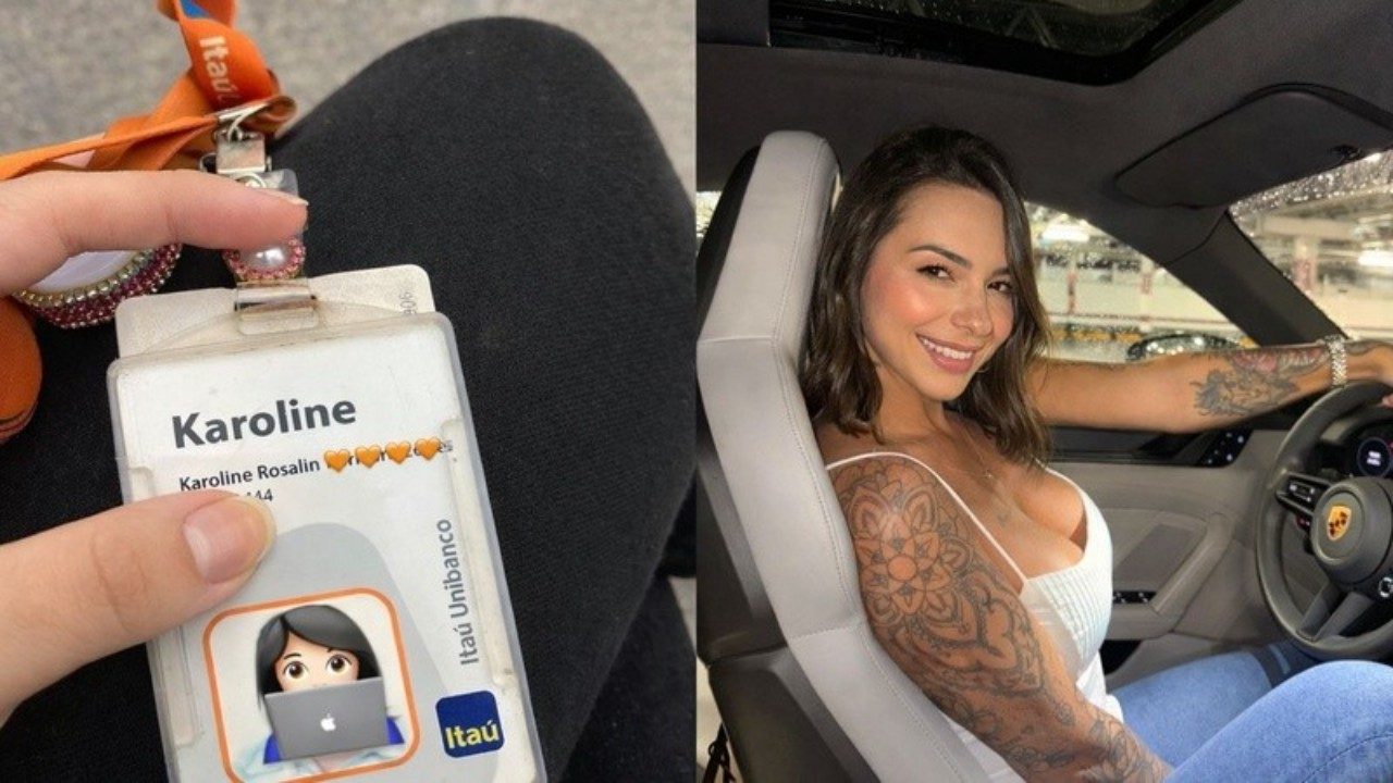 Montagem mostra crachá de Karol Rosalin do Itaú Unibanco e influenciadora sorrindo dentro de carro de luxo com interior claro