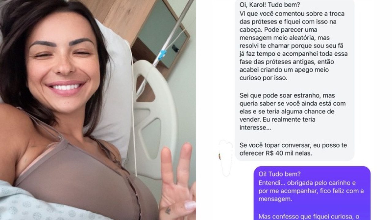 Karol Rosalin sorri em leito hospitalar fazendo sinal de paz enquanto print mostra mensagem oferecendo dinheiro por próteses usadas