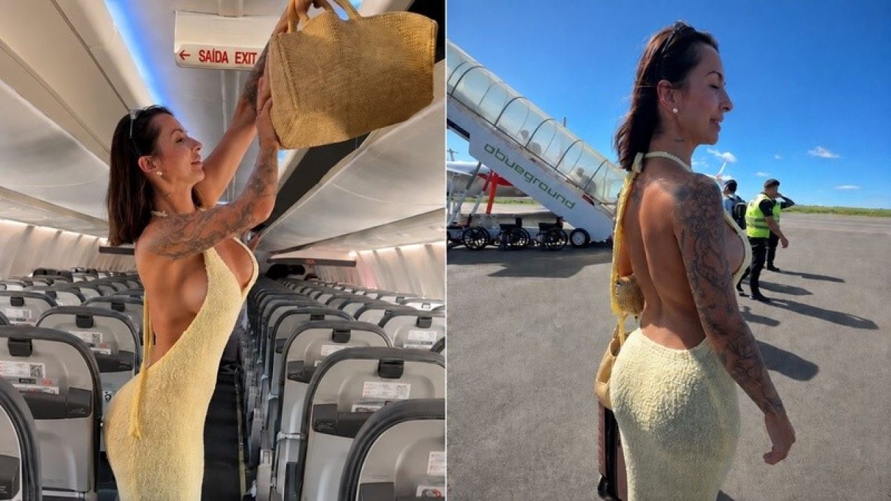 Karol Rosalin de vestido amarelo guarda bolsa no bagageiro de avião e caminha na pista ao lado da aeronave