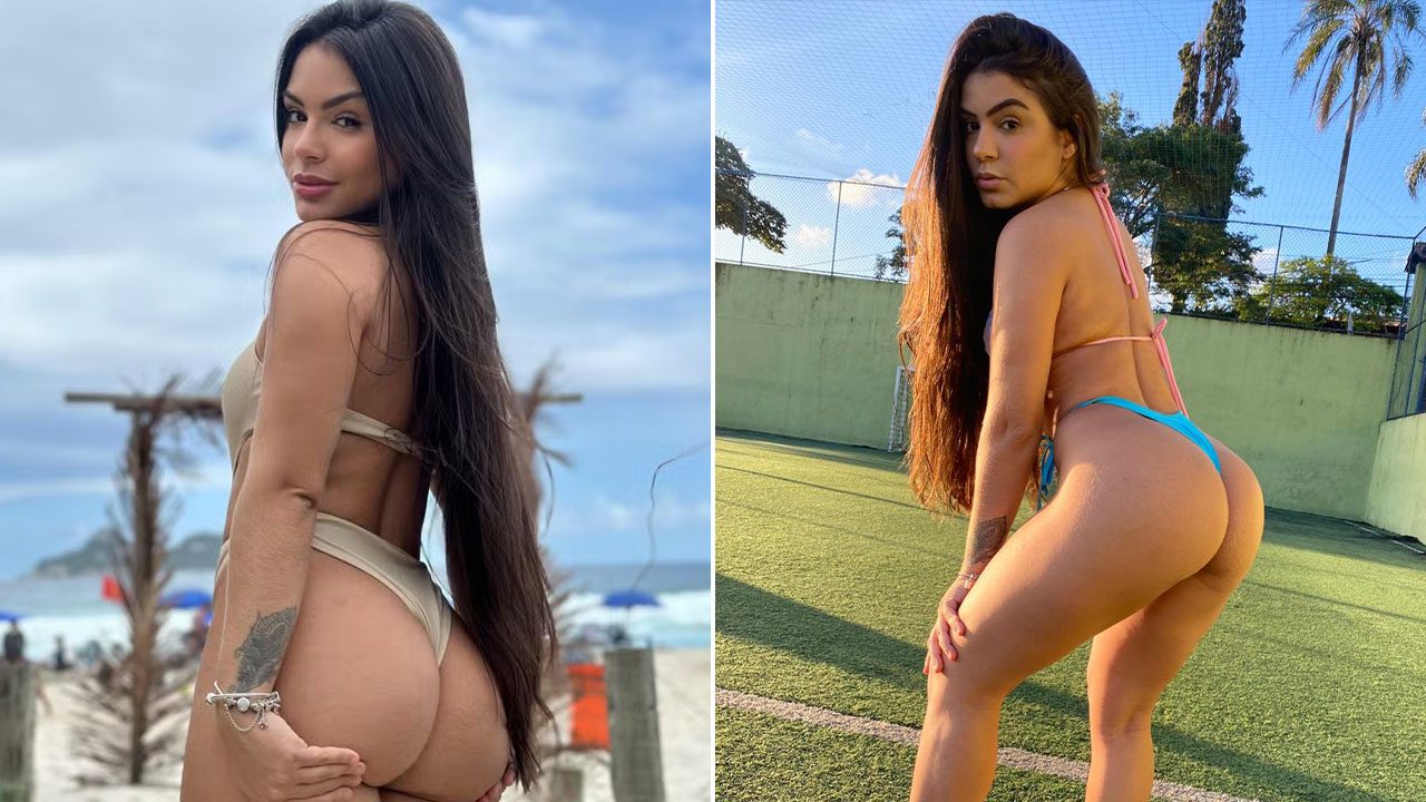 Kellyta Tharsys posa de biquíni em montagem com duas fotos, uma na praia e outra em campo de futebol de grama sintética olhando para a câmera sobre o ombro