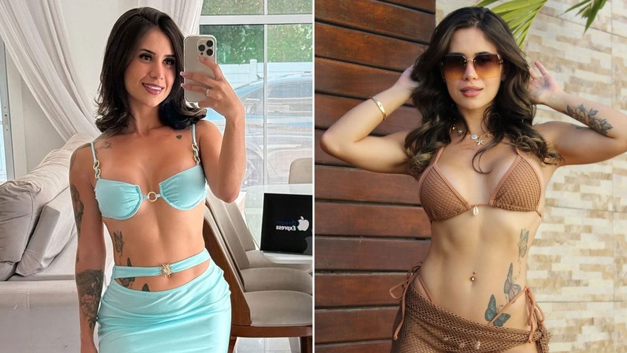 Larissa Sumpani posa de biquíni azul em selfie diante de espelho e de biquíni marrom com óculos escuros em área externa