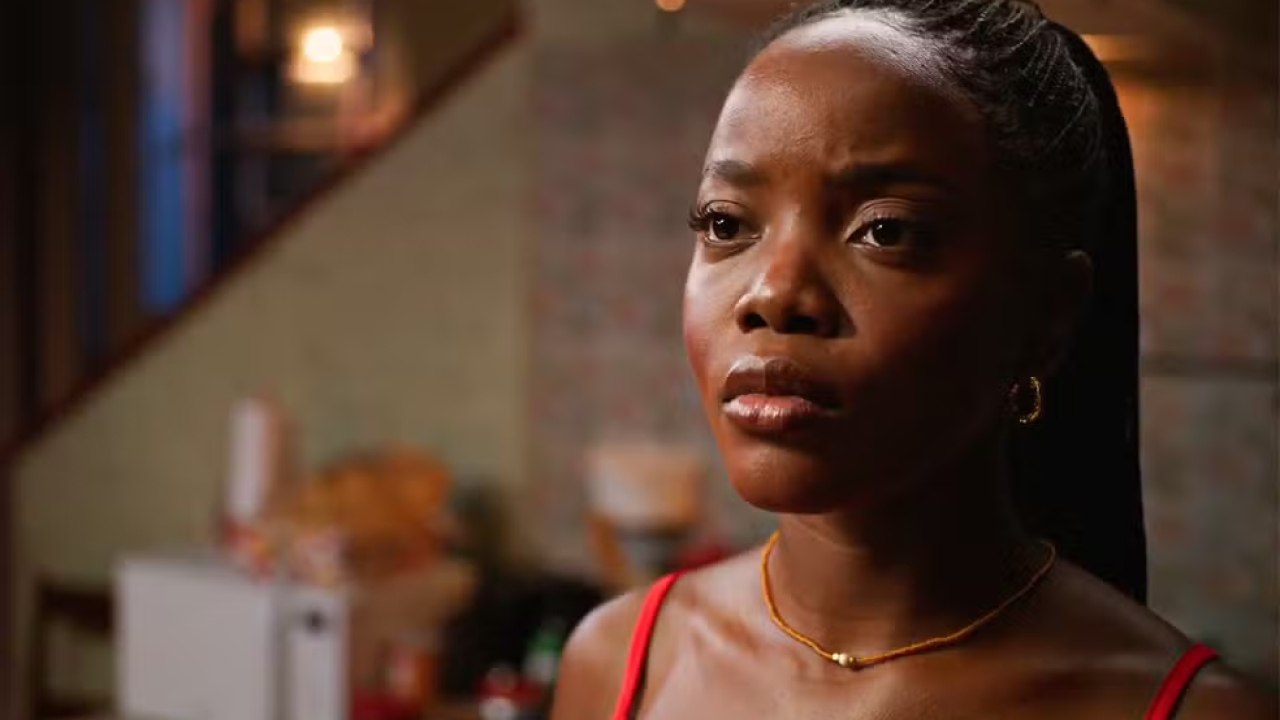 Leona com um vestido vermelho e um fundo marrom em Dona de Mim