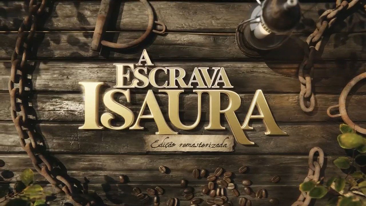 Logotipo da novela A Escrava Isaura edição remasterizada com correntes, grãos de café e madeira ao fundo