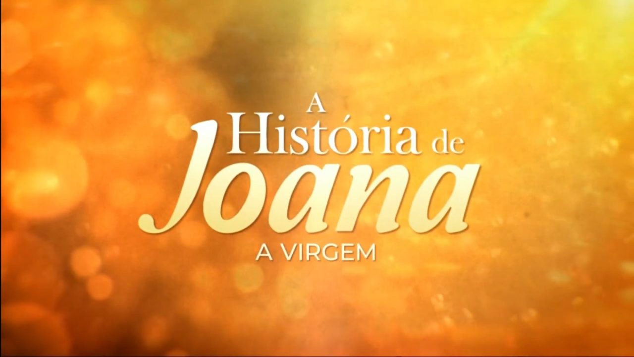 Logo da novela A História de Joana, a Virgem em letras claras sobre fundo dourado e alaranjado com efeito de luz desfocada