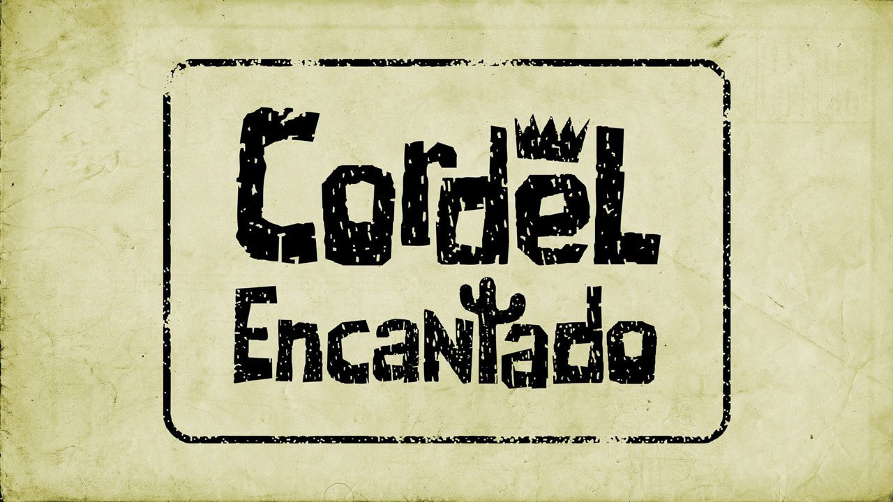 Logotipo da novela Cordel Encantado com letras rústicas pretas em fundo amarelo envelhecido