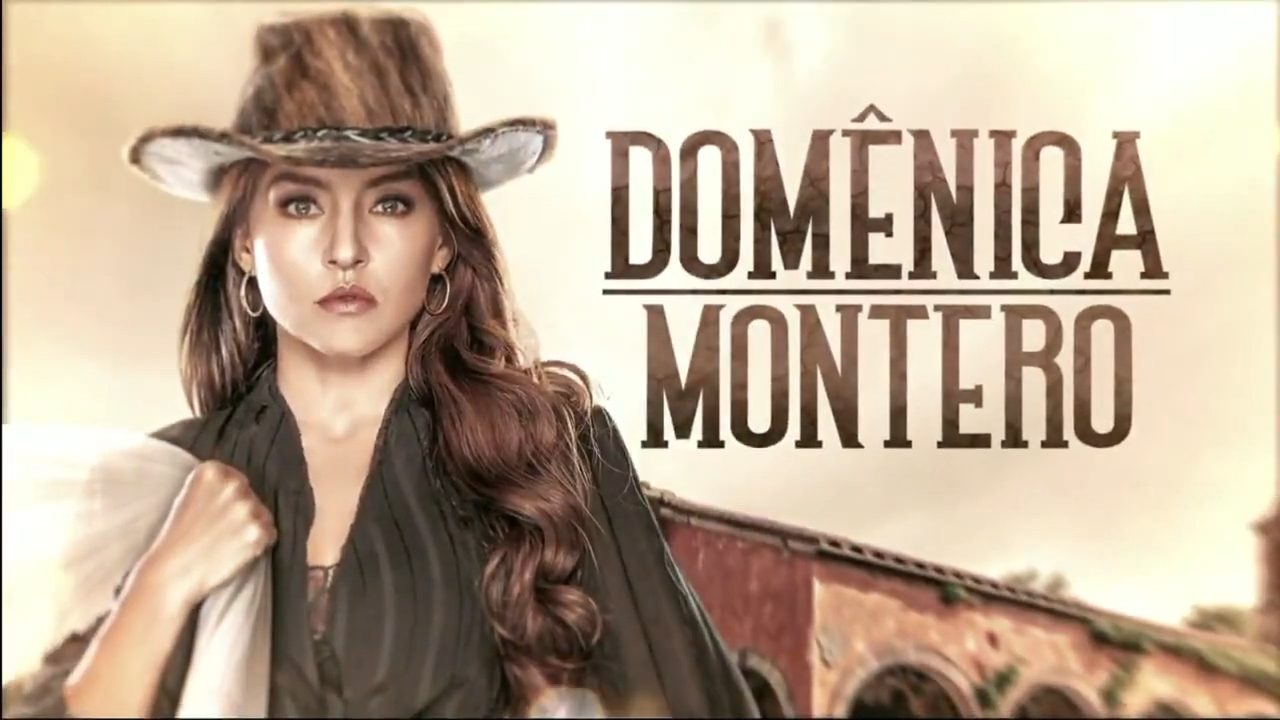 Domênica Montero (Angelique Boyer) com chapéu segura tecido sobre o ombro ao lado do título da novela em fundo rural