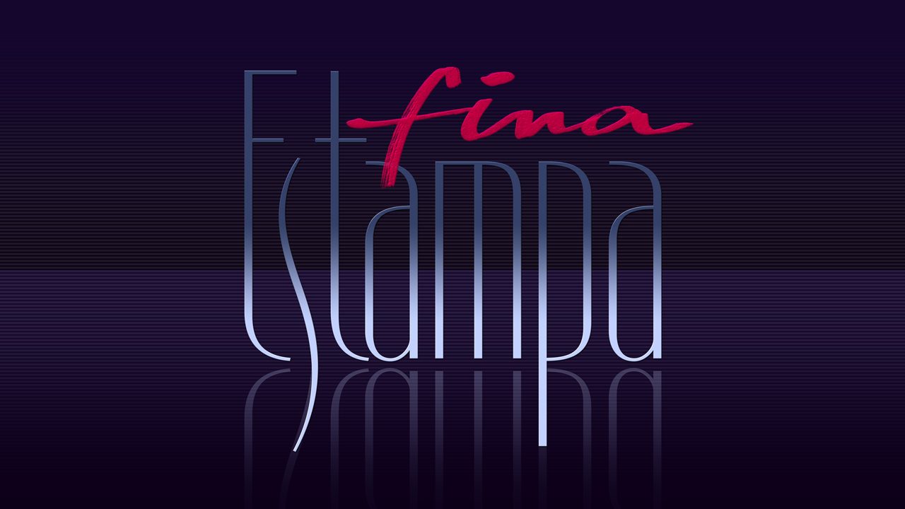 Logo da novela Fina Estampa com fundo roxo e letras estilizadas em azul e vermelho