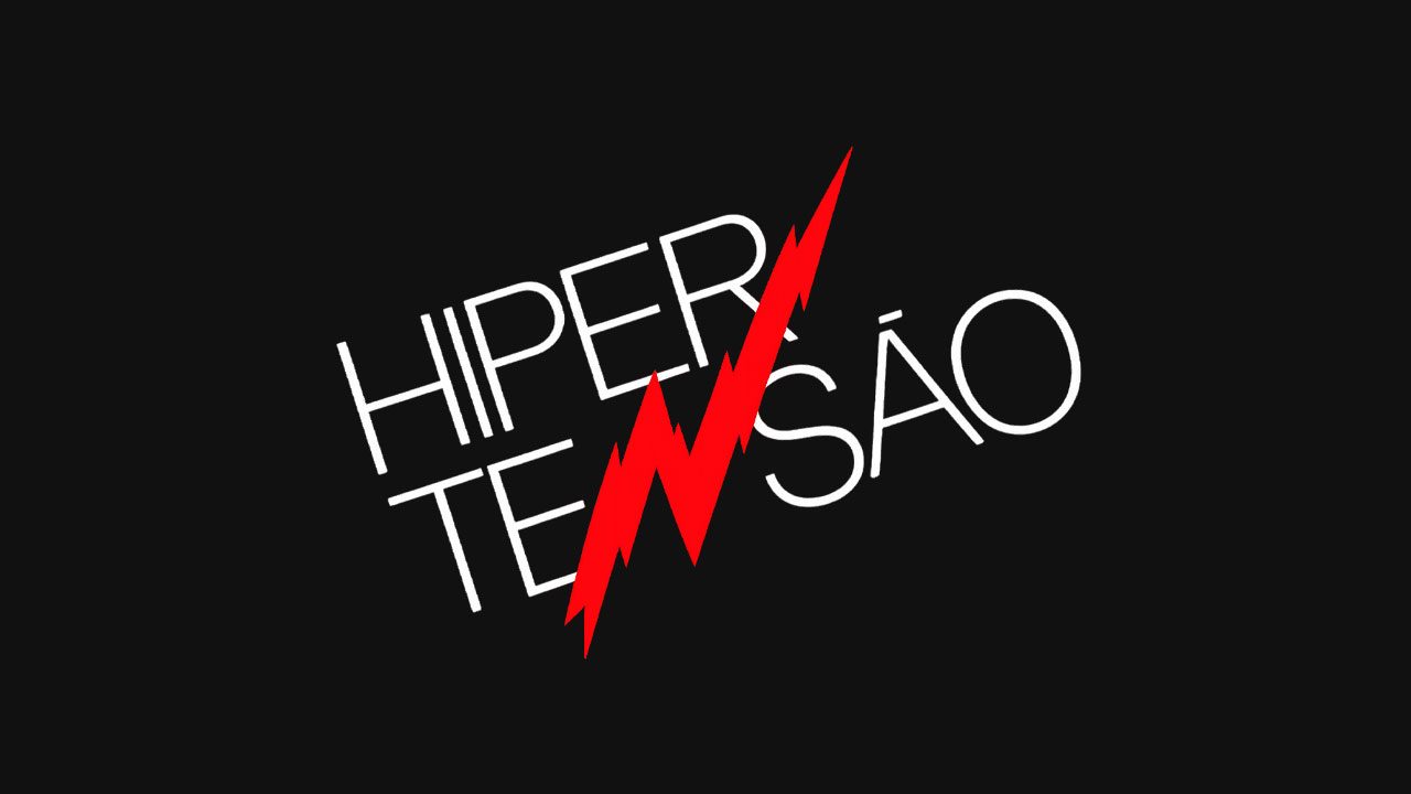 Logotipo da novela Hipertensão com letras brancas inclinadas e raio vermelho cortando o nome sobre fundo preto