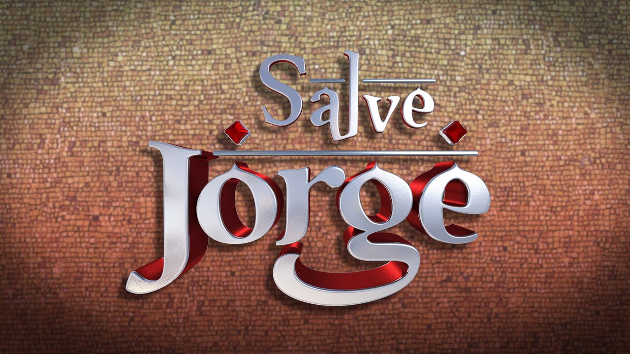 Logotipo da novela Salve Jorge com letras metálicas em prata e vermelho sobre fundo de mosaico dourado